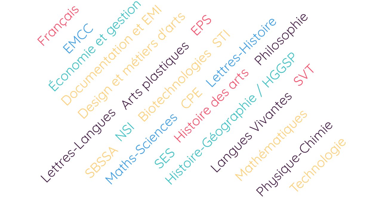 Liste des disciplines représentées : Arts plastiques, Biotechnologies, CPE, Design et métiers d'arts, Documentation et EMI, Économie et gestion, EMCC, EPS, Français, Histoire des arts, Histoire-Géographie / HGGSP, Langues Vivantes, Lettres-Histoire, Lettres-Langues, Mathématiques, Maths-Sciences, NSI, Philosophie, Physique-Chimie, SBSSA, SES, STI, SVT, Technologie