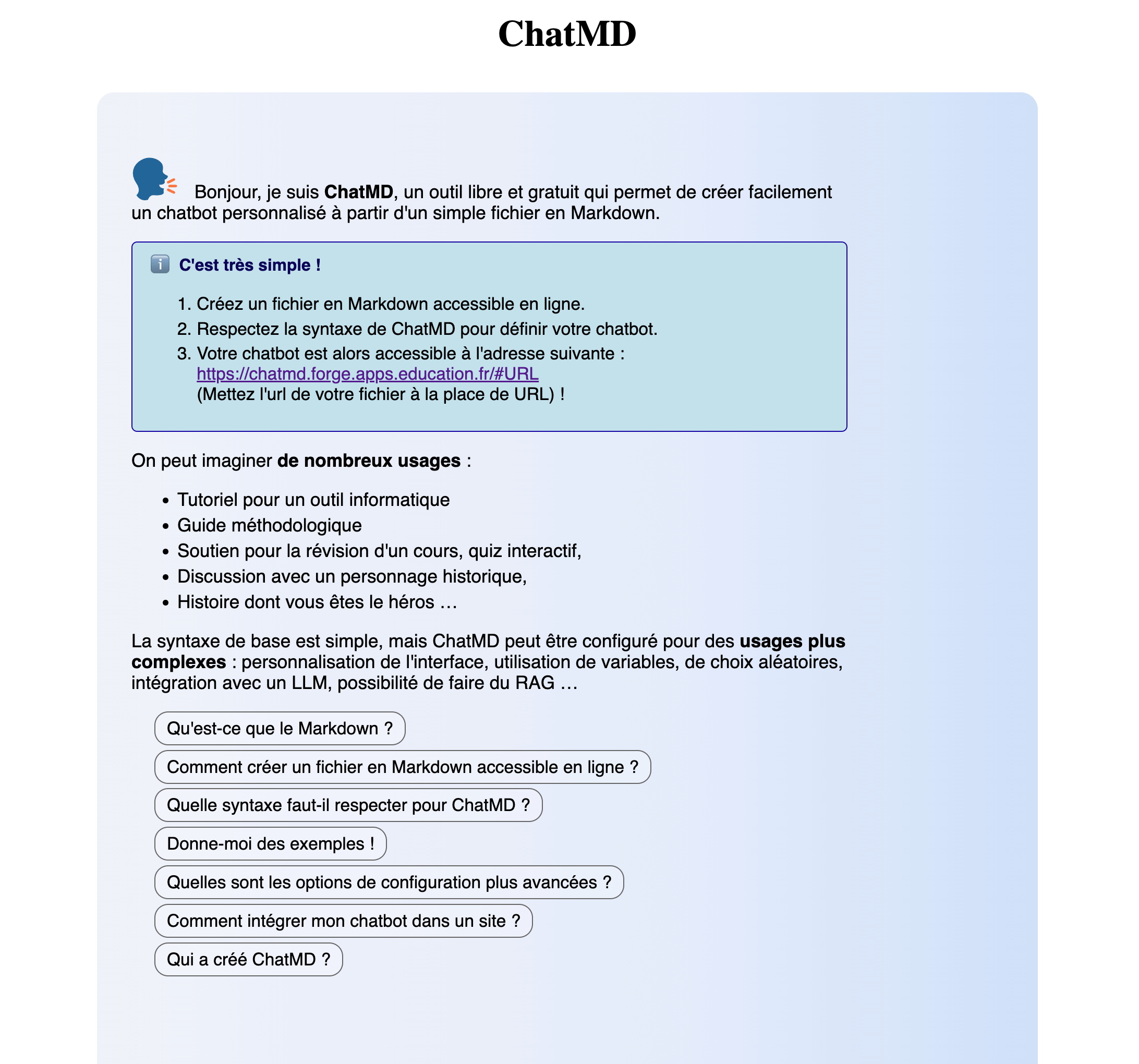 Capture d'écran de la page d'accueil du logiciel ChatMD qui explique ce qu'est ChatMD