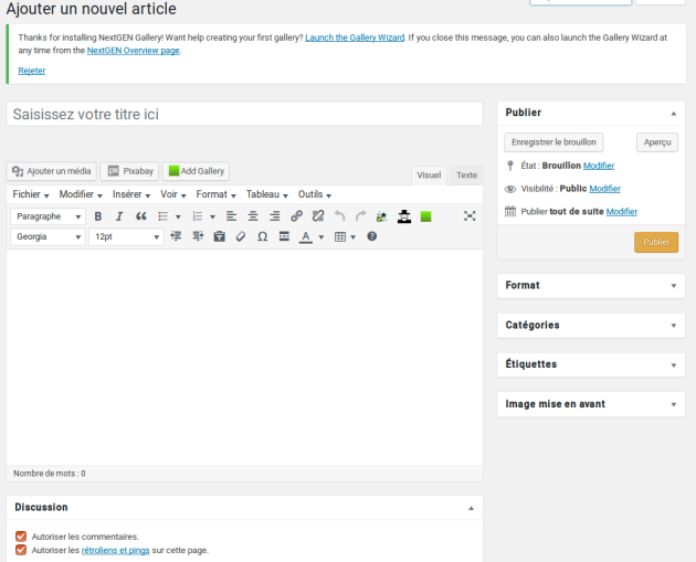 Page de saisie d'un nouvel article avec ses différents blocs : titre, contenu, publication, format, catégories, étiquettes, image mise en avant, commentaires...