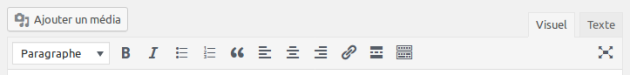 La barre d'outils pour la rédaction d'un article comprend au moins le bouton "ajouter un média" et les attributs de base (mettre en gras, en italique...).
