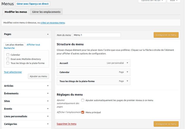 Interface permettant de composer son menu à partir des éléments déjà créés