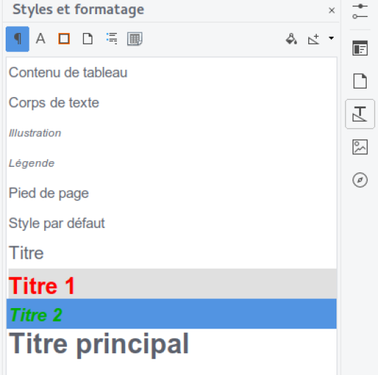 Sélection des 6 catégories de styles dans Writer