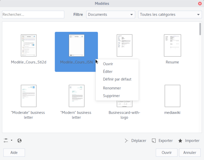 Interface de gestion des modèles